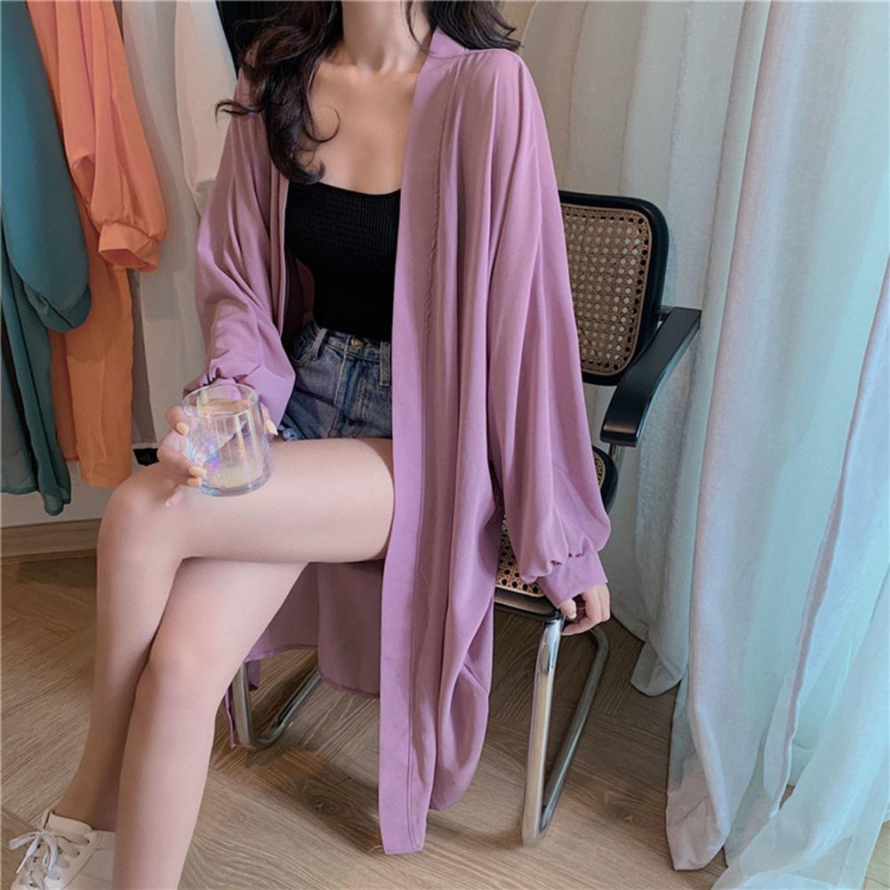 Vrouwen Zomer Mouw Effen Kleur Anti Zon Dunne Vest Midi Jas Vrouwelijke Zomer Strand Kimono Lange Batwing