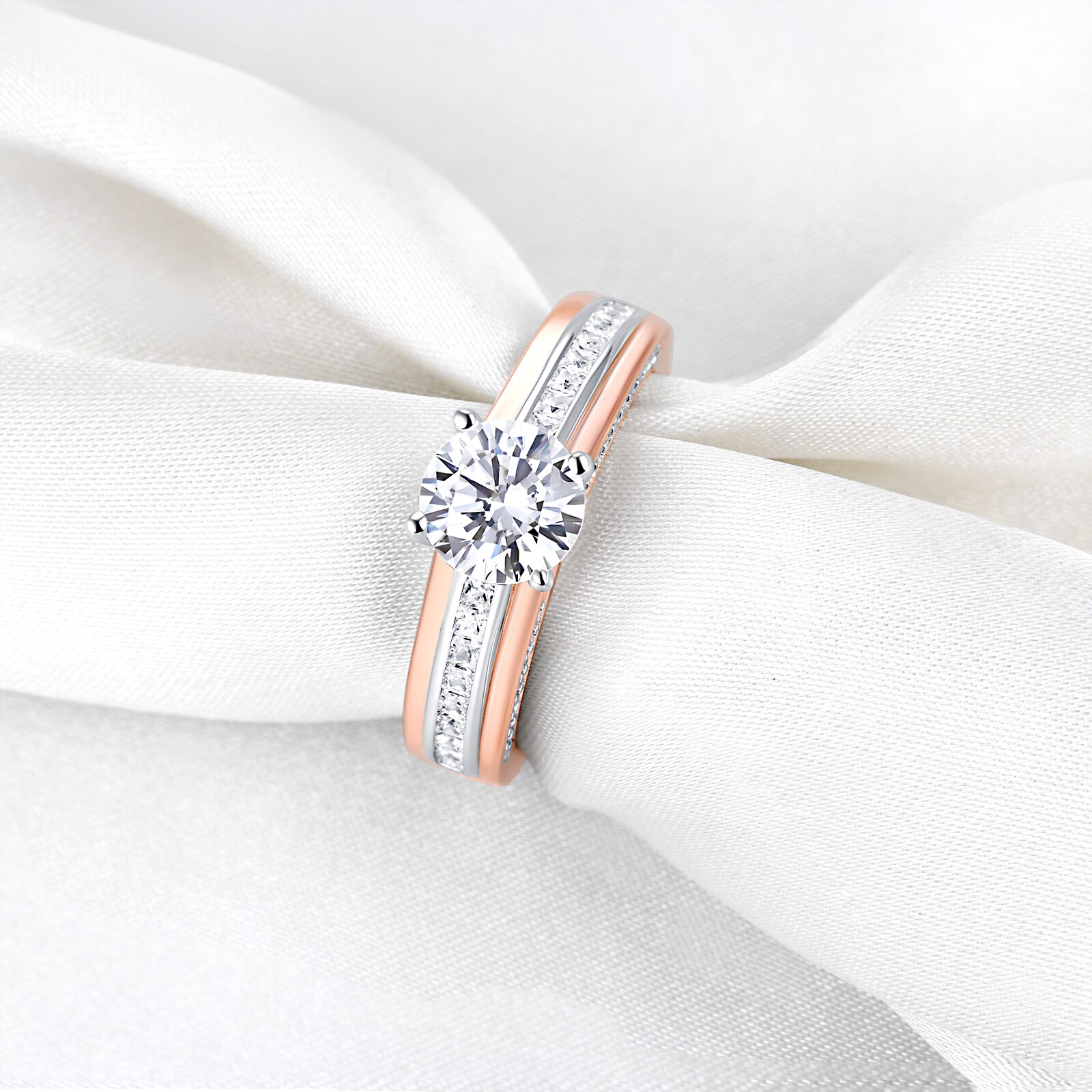 Newshe Rose Goud Wit Kleur Wedding Engagement Rings Voor Vrouwen 100% 925 Sterling Zilver Ronde Cut Aaaaa Cz Prachtige Sieraden