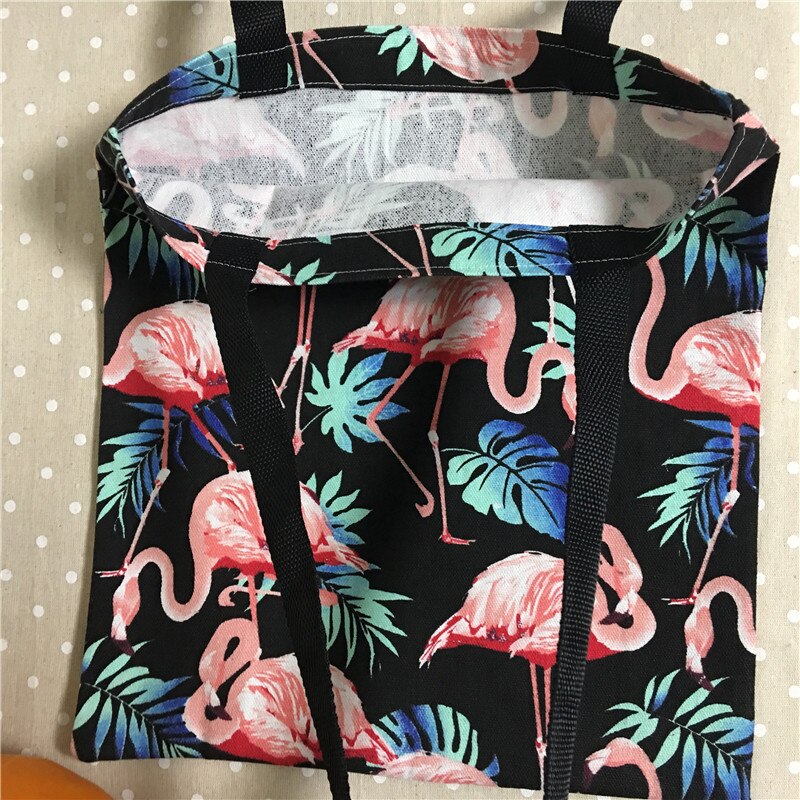 YILE Cotton Canvas Eco Shopping Tote Shoulder Bag Flamingo Green Leaf Black Polyester Strap L18 f