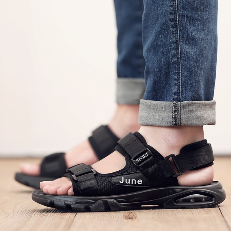 Men Sandals Mesh Breathable Velcro Summer Flat Shoes Outdoor Non-slip Sports Sandals Simple Black Air Cushion Beach Man Shoes