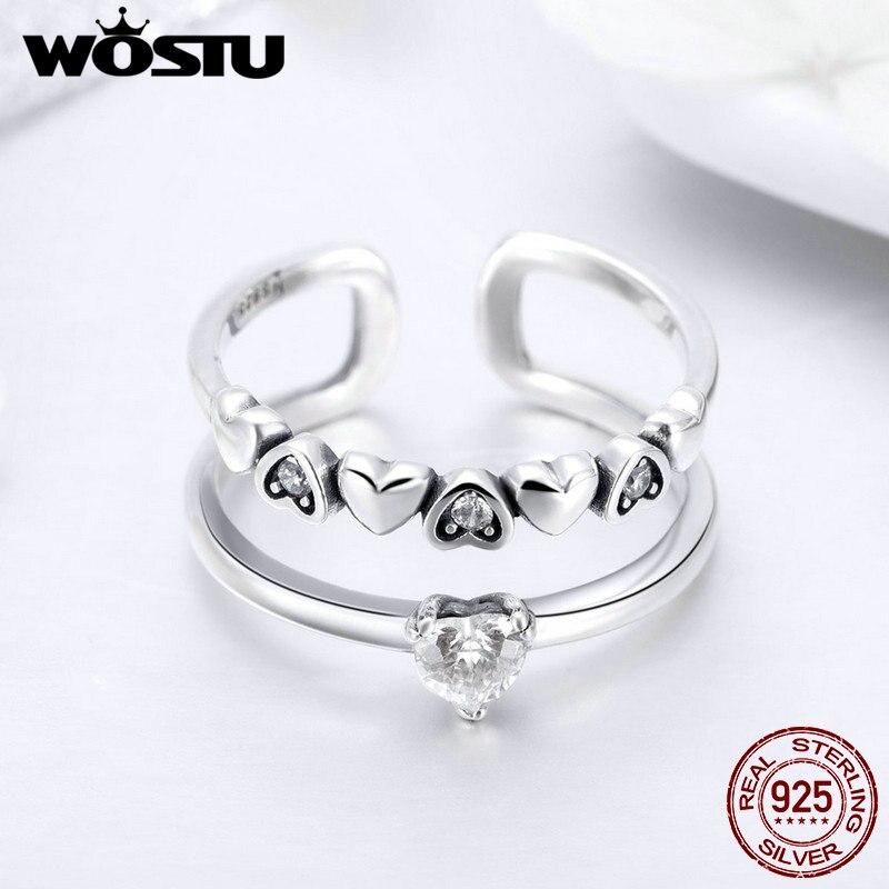Wostu real 100% 925 prata esterlina coração nupcial claro cz aberto anéis para mulheres moda jóias festa de casamento anel de prata cqr429