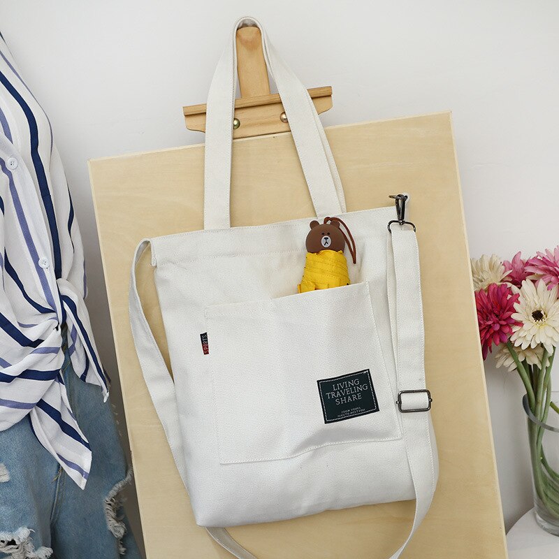 Solid Color Canvas Bag for Female Korean Style Big Capacity Single Shoulder Bags Woman Printing Pocket Bag Cheap Totes: White B