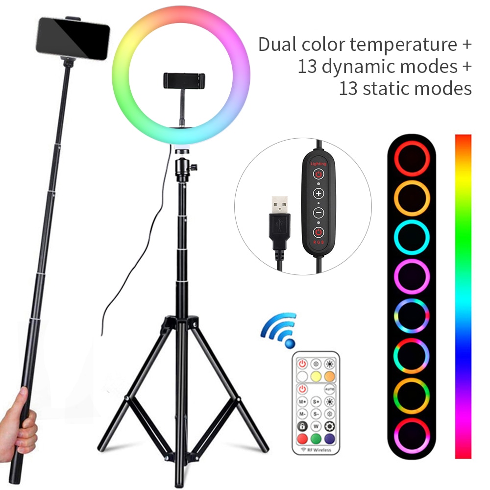 RGB LED Ring Lamp 10 Inch Selfie Ring Light with Tripod Phone Stand Photography Lighting Ringlight for TikTok Video