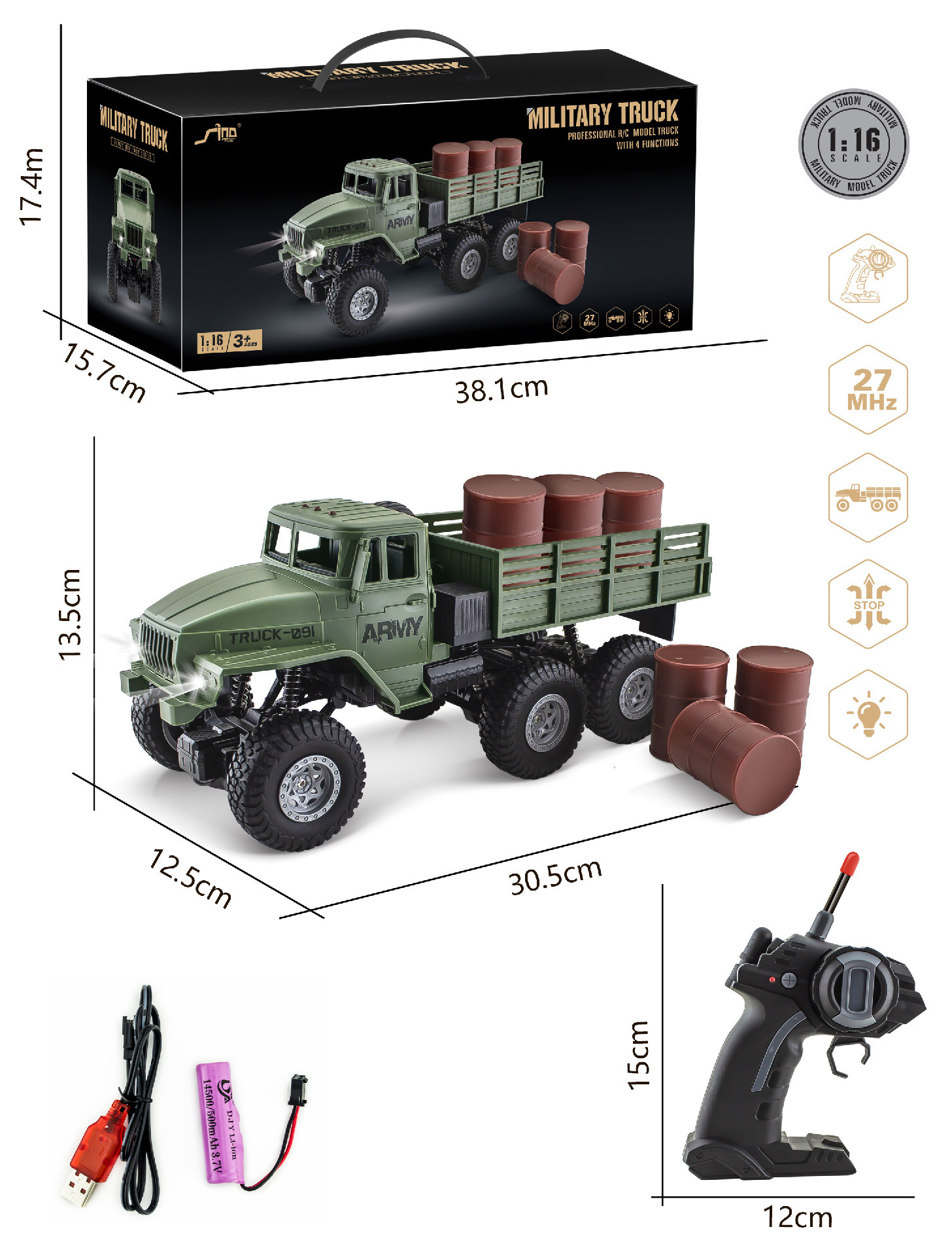 Camion militaire RC 6x6, voiture télécommandée sur route, échelle 1/16, camion télécommandé 4WD, véhicule de Transport de l'armée de roche tout Terrain, jouet Ve: vert militaire