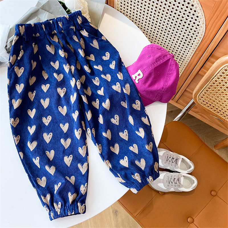 Meisjes Lente Herfst Liefde Print Corduroy Broek 1-8 Jaar Mode Losse Alle-Wedstrijd Casual Broek