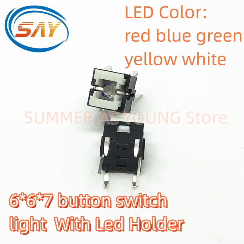50PCS/LOT 6*6*7/7.2 light touch switch with light switch red blue white light with LED button with luminous 6x6 With Led Holder
