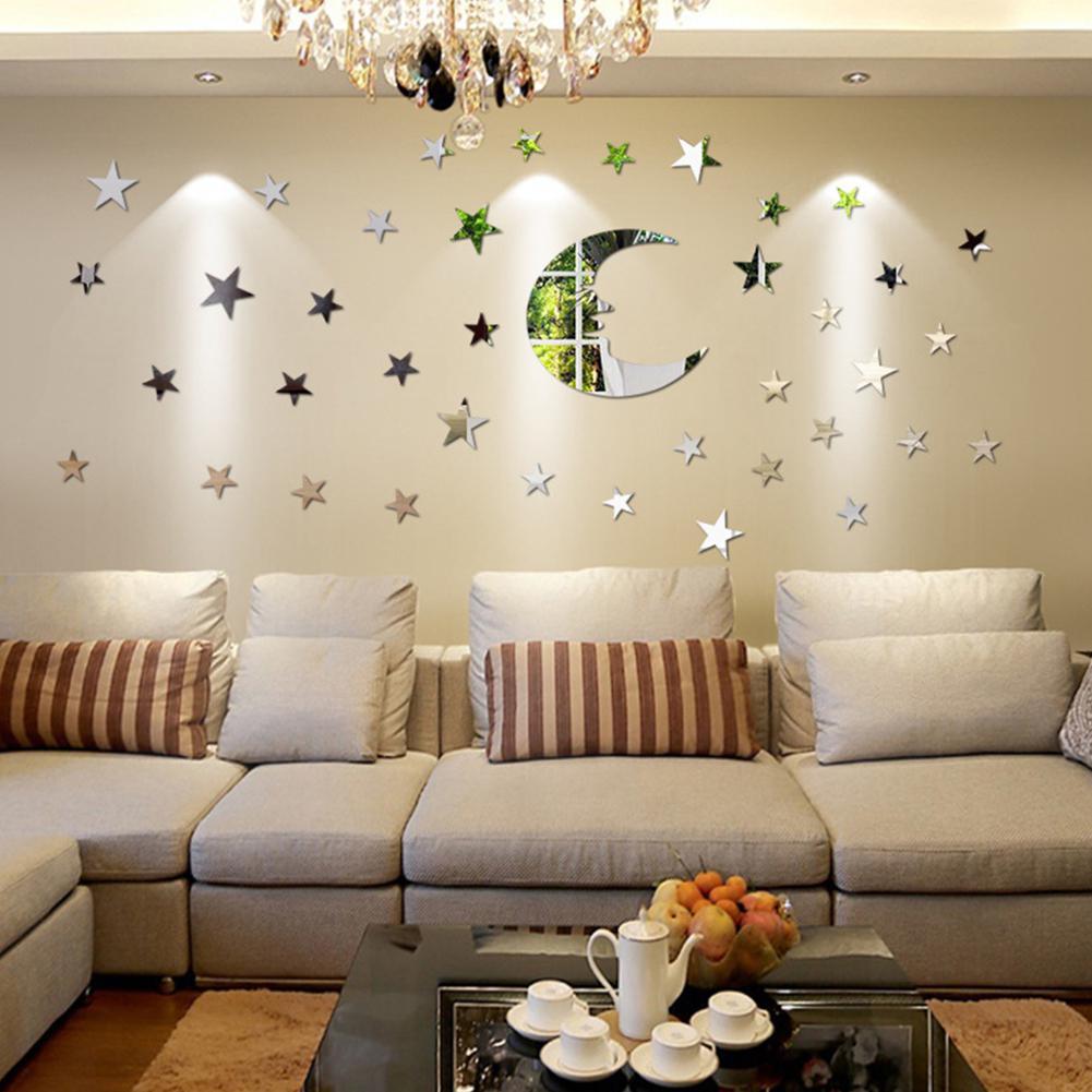 39Pcs/Set Mirror Wall Stickers with Moon Star Pattern Decor for House Children Kids Bedroom Living Room