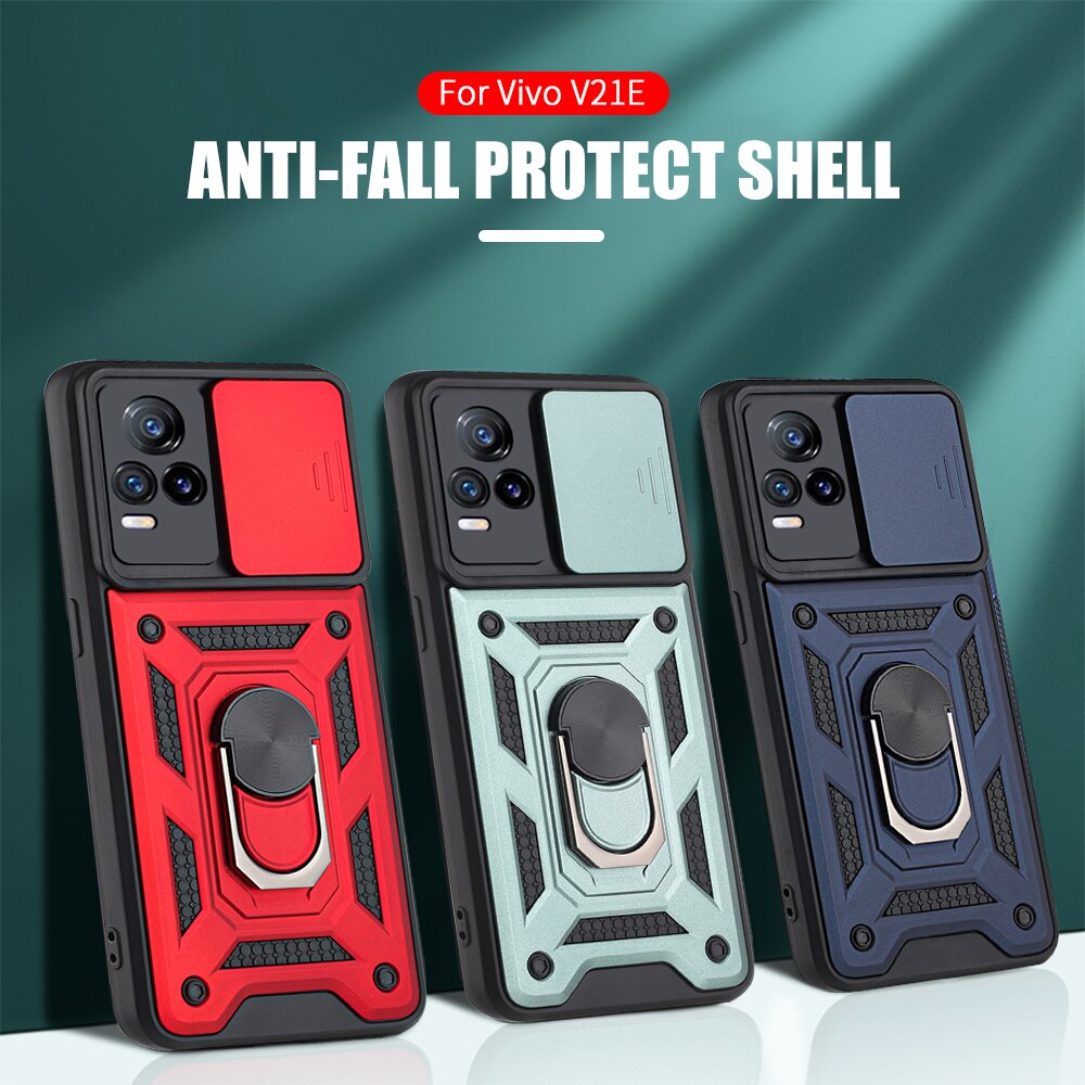 Stoßfest Stand Ring Fall Für VIVO V21e 4G Push Pull Kamera Schutz Telefon Zurück Abdeckung Shell Fundas Für VI VO V 21e 21 e 6.44&quot;