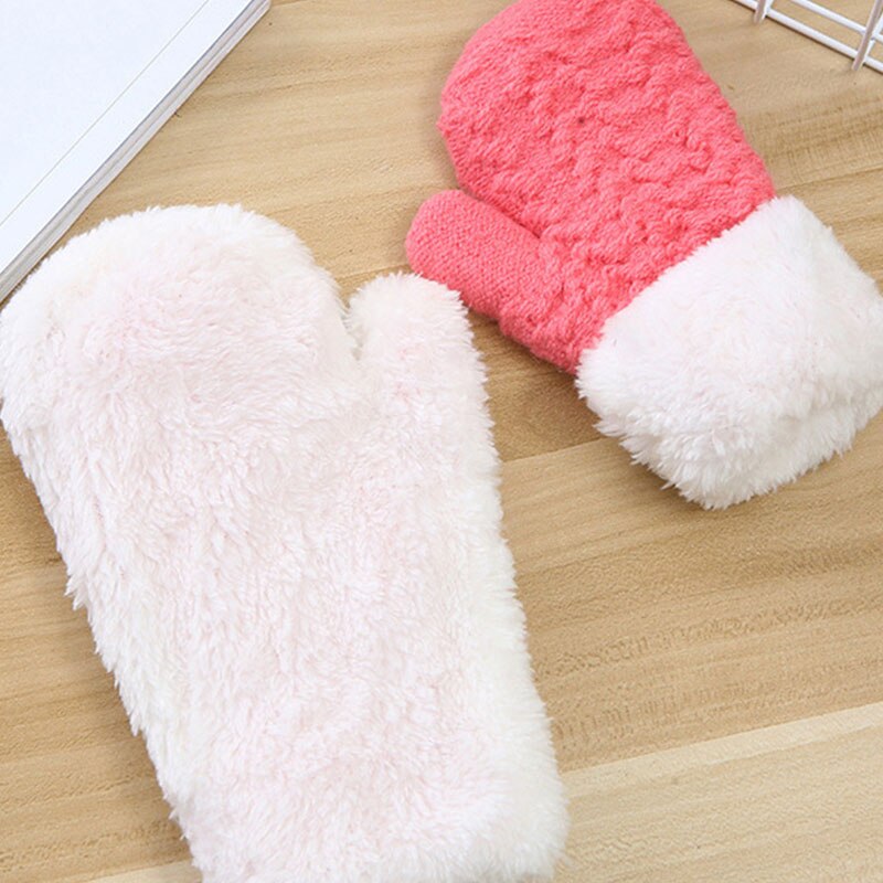 Kind Warme Handschoenen Winter Outdoor Effen Kleur Volledige Vinger Handschoenen Kids Pluche Dikker Wanten Unisex Meisjes Jongens Gebreide Handschoenen