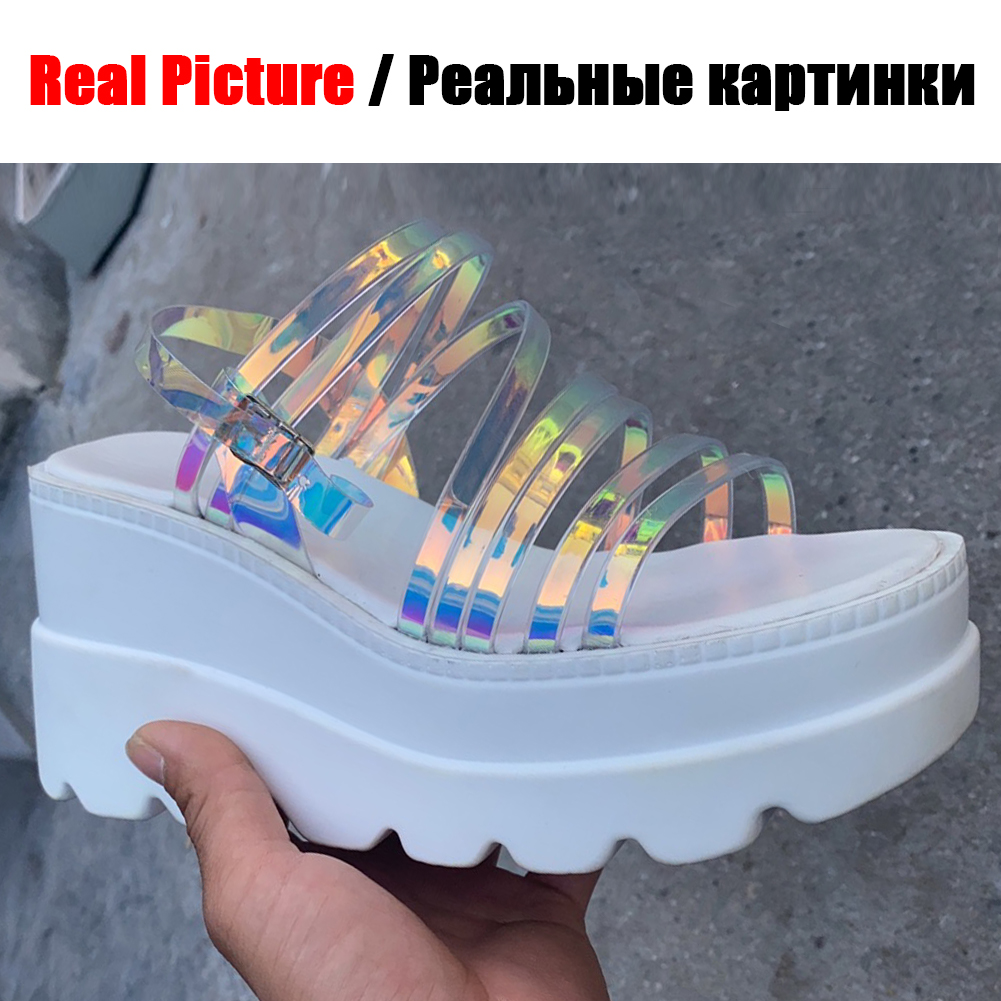 BONJOMARISA INS réfléchissant PVC sangle sandales haute plate-forme sandales femmes été Cool chaussures hautes femme