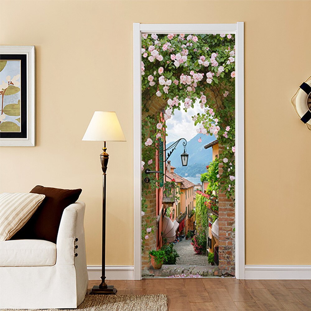 3D Door Deco Sticker Wallpaper Waterproof Vinyl PVC House Bedroom Door Decoration Sticker Rose Arch Door Wallpaper Stickers