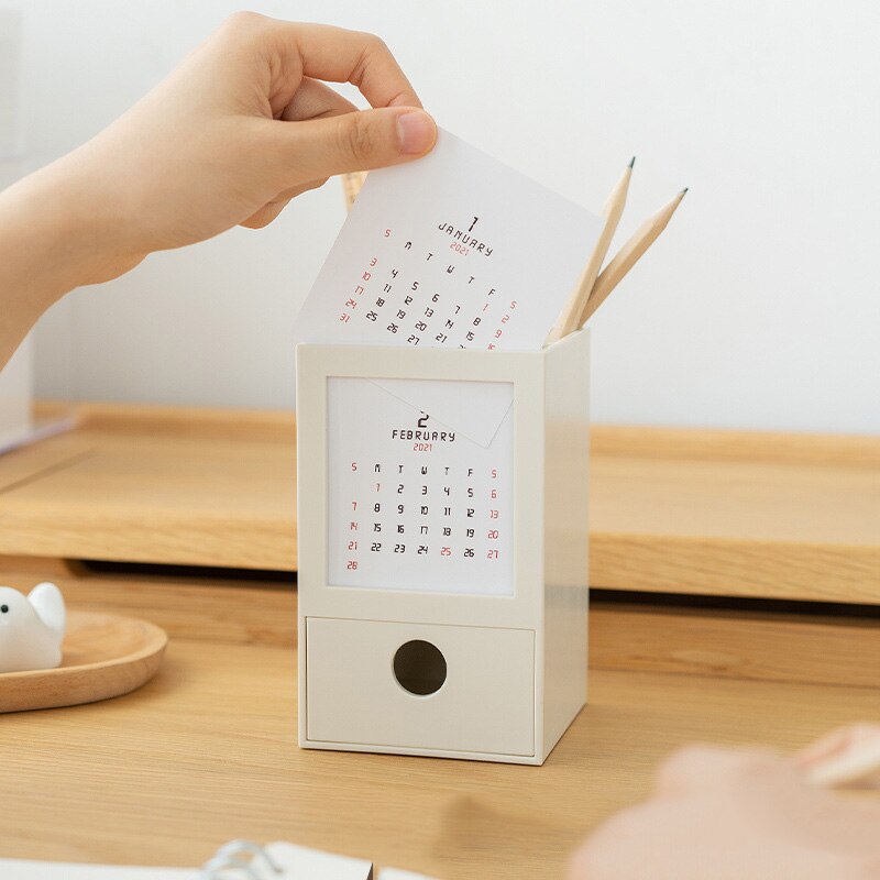 Calendar 2022 Desk Calendar Pen Holder Desktop Stationery Storage Business Office Desk Decoration
