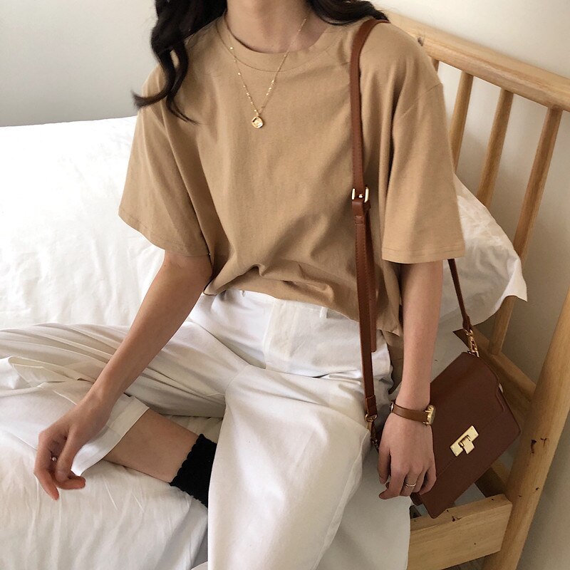 Camisetas de manga corta de algodón para mujer, camisetas de holgadas de estilo Vogue con cuello redondo coreano liso que combinan con todo, novedad de: Apricot