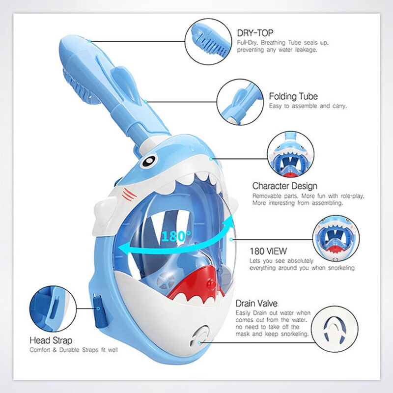 Mascarilla de buceo con forma de tiburón para niños, máscara de silicona, plegable, tubo de respiración completamente seco, equipo de natación