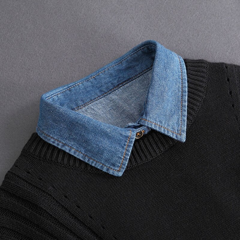 Vrouwen Mannen Herfst Gewassen Denim Katoen Valse Nep Kraag Button Down Afneembare Revers Half Shirt Blouse Trui Decoratieve Dickey