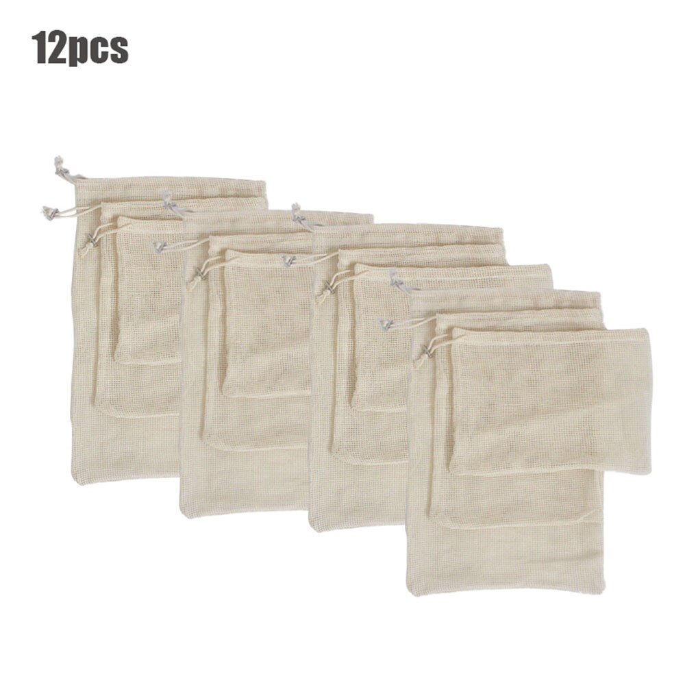 15 stk 12 stk gjenbrukbare produsere poser økologisk bomull vaskbare mesh poser til dagligvarebutikk frukt grønnsak arrangør oppbevaringspose: 12 stk