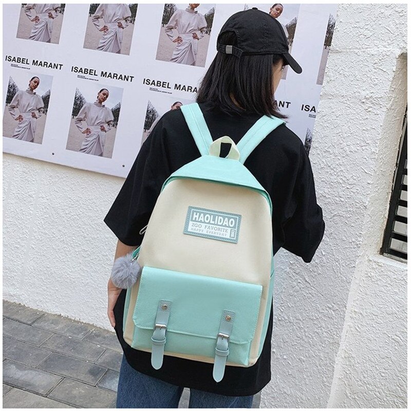 Dames canvas rugzak tiener schattige haarbal lint studenten schooltas meisjes grote capaciteit schouder reistas  b82: B176- groene