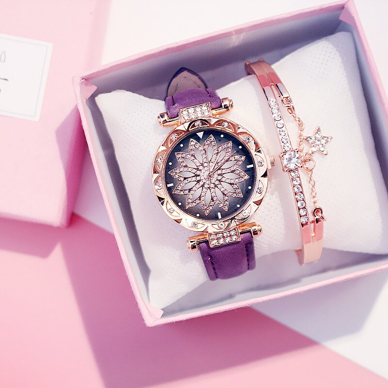 Women Watches Set Starry Sky Ladies Bracelet Watch Casual Leather Sports Quartz Wristwatch Clock Relogio Feminino: Purple With Bracelet
