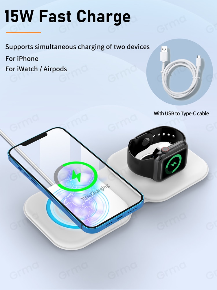 Caricabatterie Duo Wireless magnetico sicuro GRMA 2 in 1 Mag per iPhone 12 Pro Max mini 15W Qi caricabatterie rapido per Apple Watch iWatch AirPods