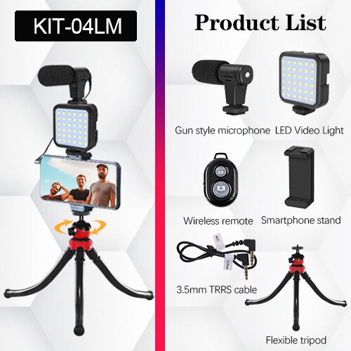 DSLR SLR Phone Vlog Photography Tripod Shoe Smartphone Holder with Bluetooth Remote Microphone LED Light Photo Studio Kit: KIT-04LM