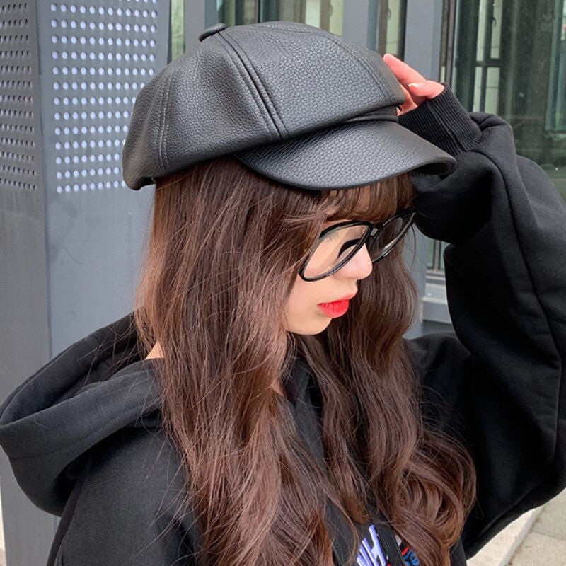 Ht2626 efterår vinter hatte til kvinder solide kvinder baretter damer læder hat vintage ottekantet nyhedsdreng cap artst maler beret hat