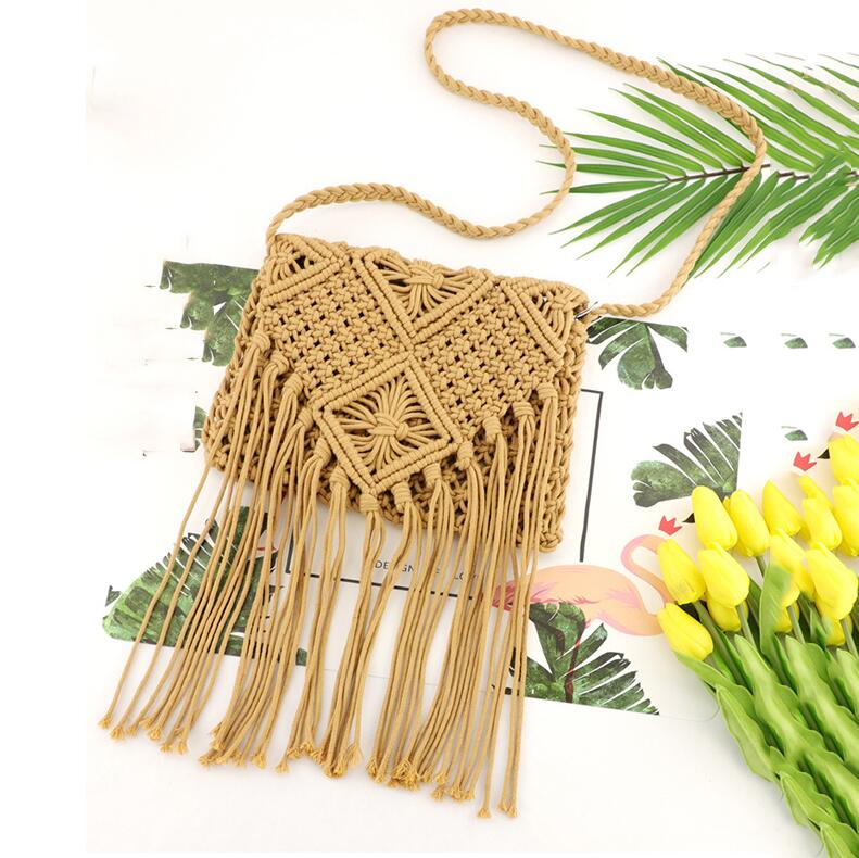 Neue Stroh Tasche Böhmischen Quaste Strand Tasche Frauen Häkeln Fransen Crossbody Ultraleicht Schulter Tasche Frauen Kleine Bolsos Feminina: Khaki