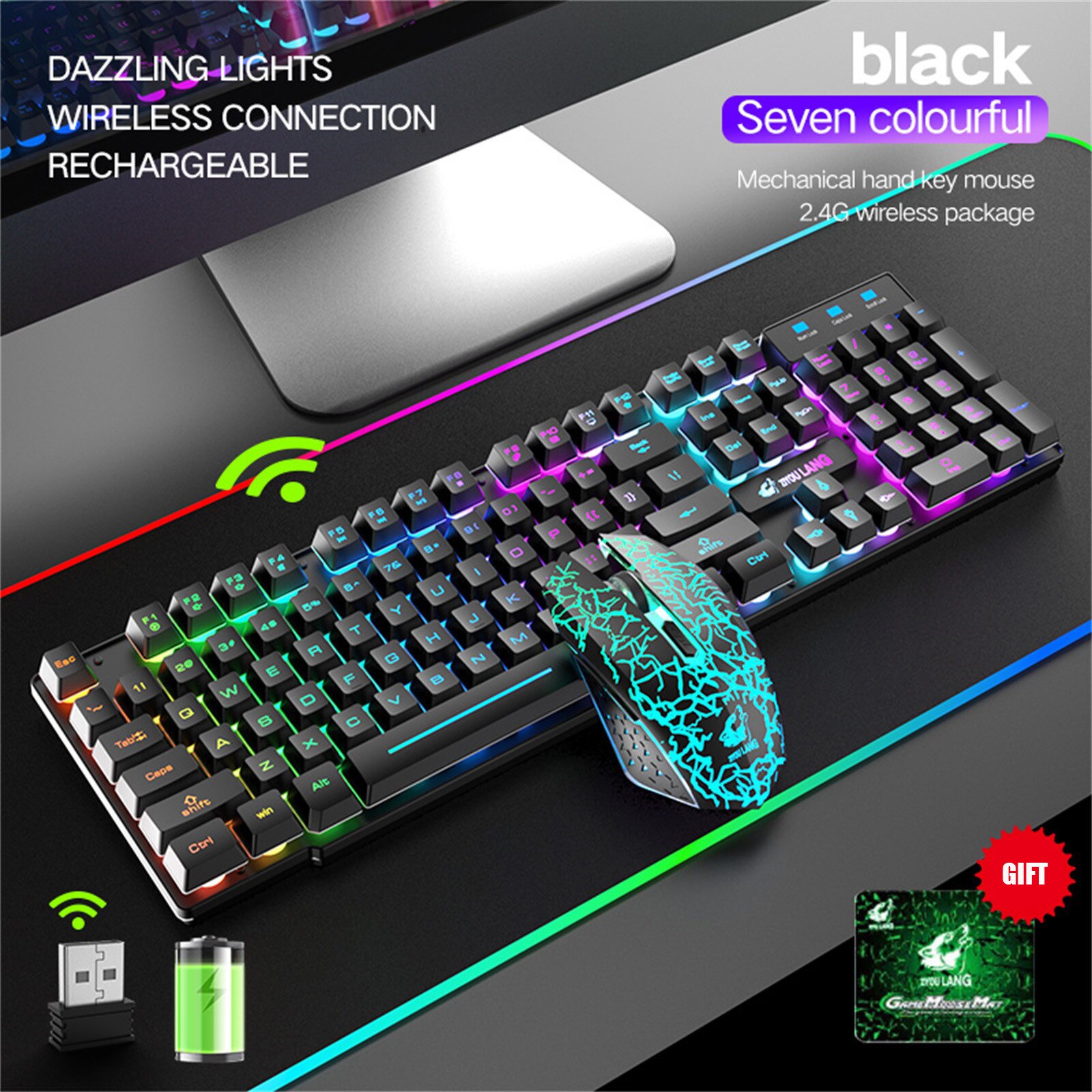 Wireless Gaming Keyboard and Mouse Combo with Rainbow LED Backlit Rechargeable Wireless Charging Keyboard: A