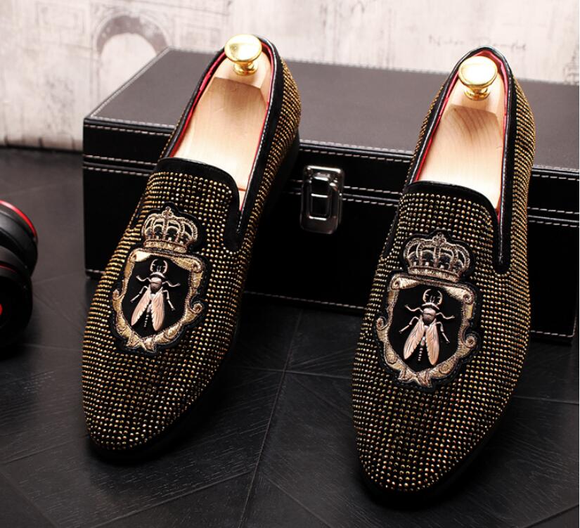 Guld topp och metall tå herr sammet strass klänning skor italienska herr klänning skor handgjorda loafers