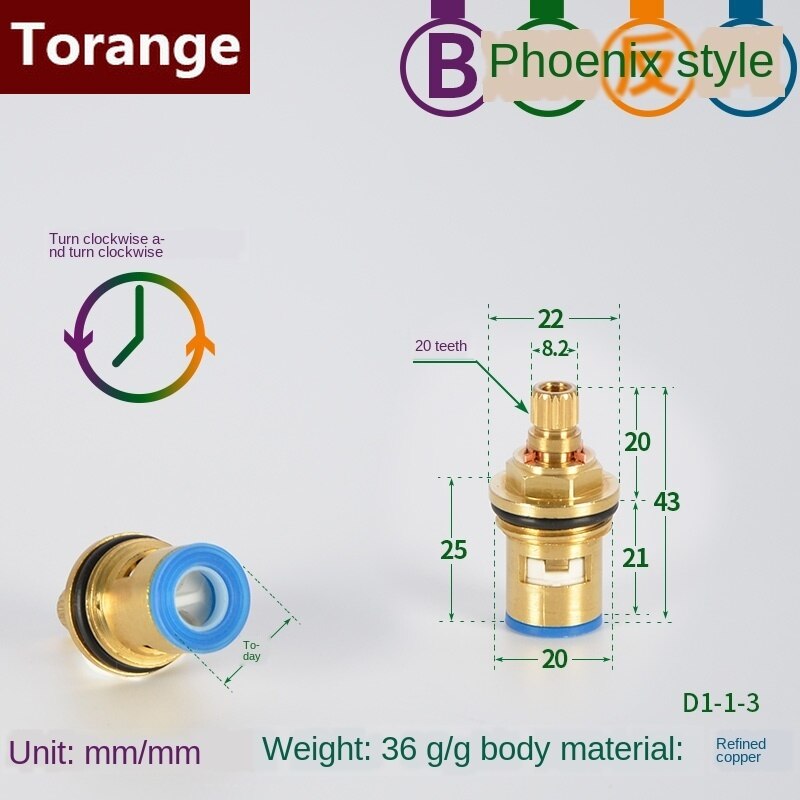 Faucet copper valve core and cold water fast opening triangle valve switch ceramic valve core copper head repair parts: Section B reverse