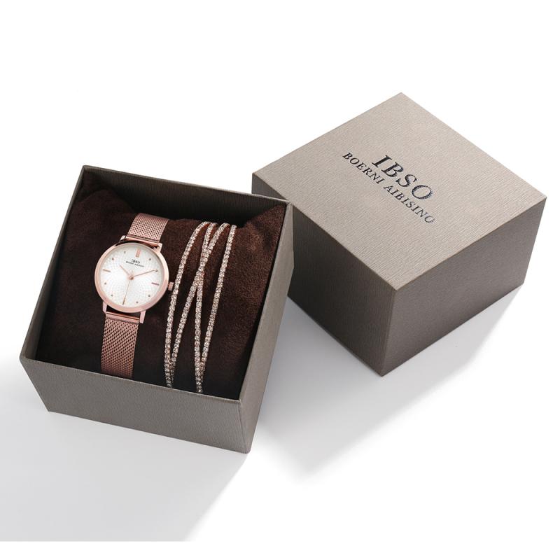 IBSO – ensemble de montres Ultra fines pour femmes, 8mm, maille or Rose, bracelet en acier inoxydable, à Quartz, horloge, pour dames