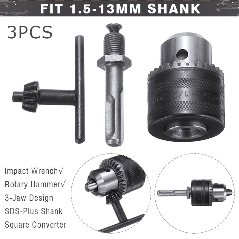 Black Steel 13mm 1/2" Keyless Drill Chuck 3/8" SDS Plus Shank Adaptor Converter Socket Impact Wrench Chuck Tool