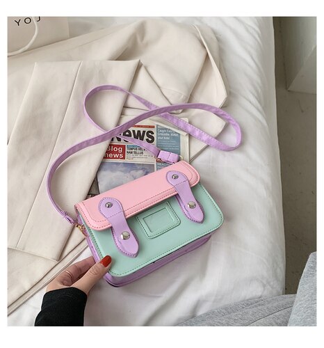 Women Flap Shoulder Messenger Bag Solid Color PU Leather Ladies Crossbody Bags Female Small Square Handbags Purse: pinkgreen
