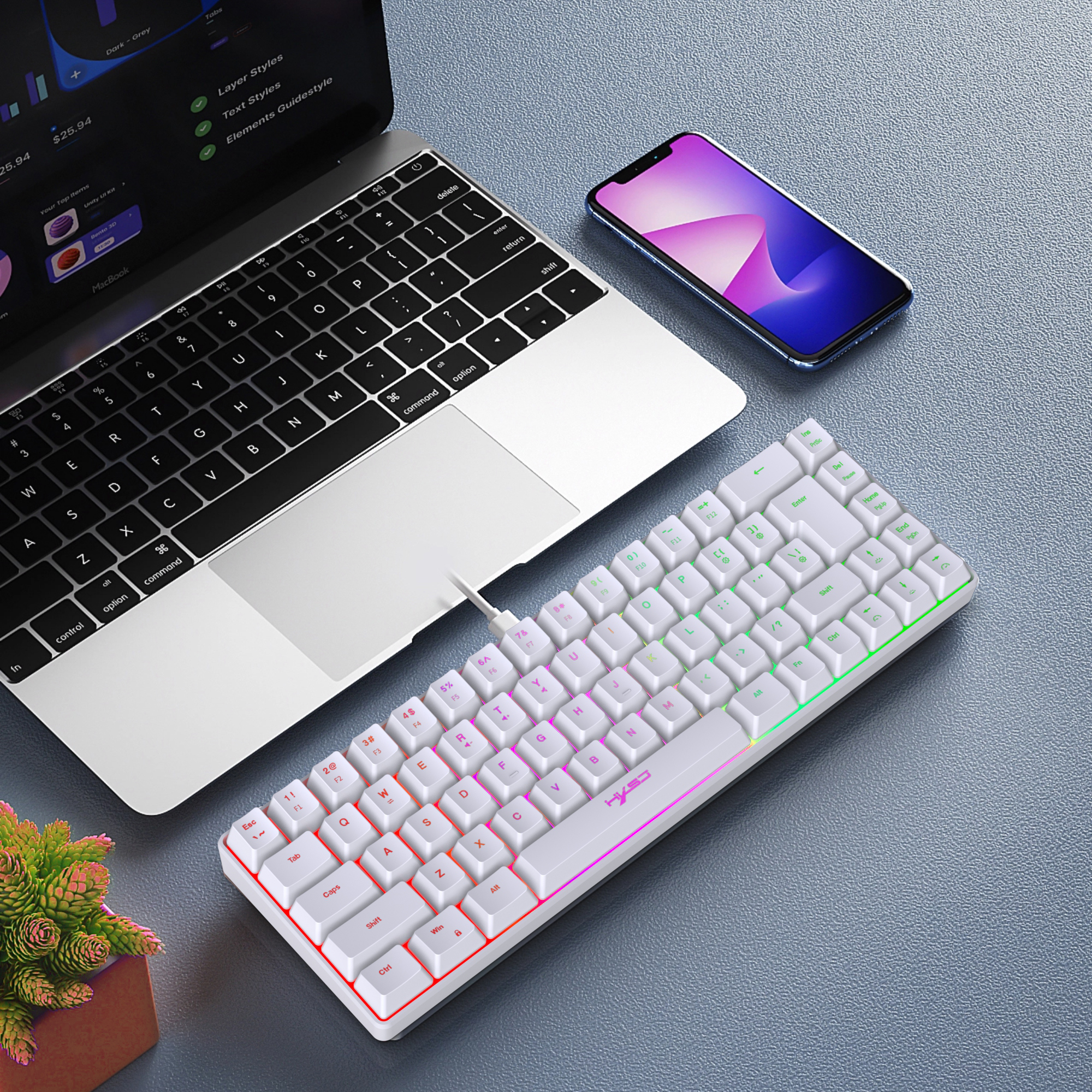 60% Percent Gaming Keyboard, Ergonomic Small Mini membrane Keyboard Compact RGB Backlit Keyboard for Windows, PC, Laptop, Gaming: WHITE