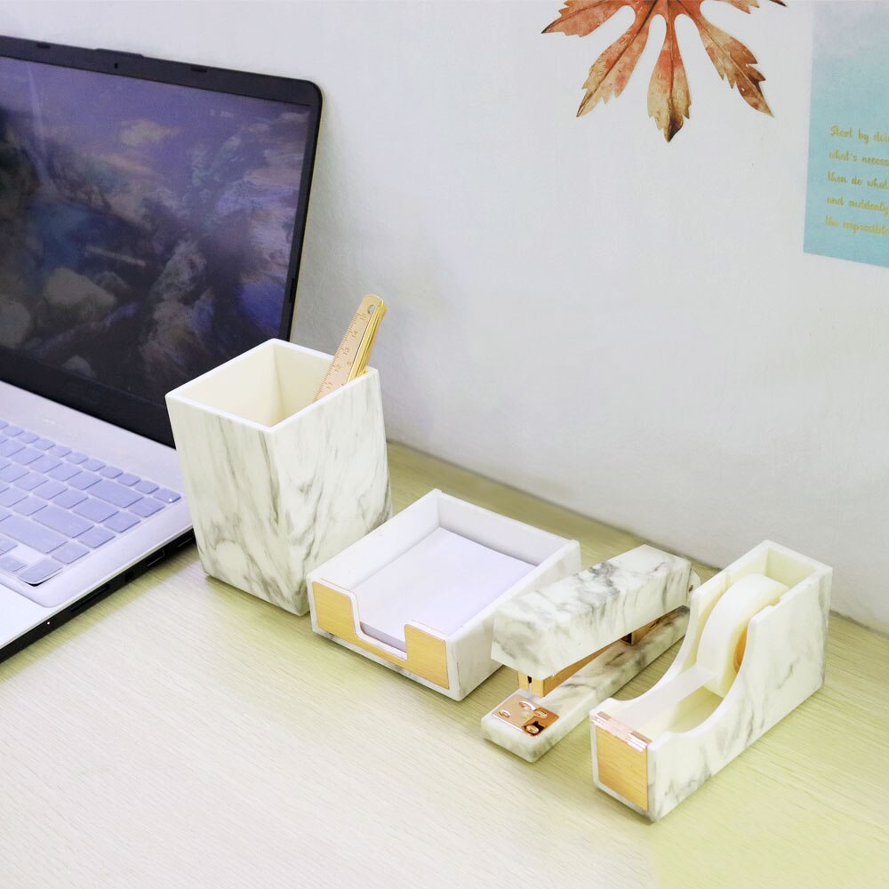 Marble Gold Desk Accessories Organizer Set Tape Dispenser Stapler for Desk Sticky Notes Holder Pencil Pen Holder Office Supplies