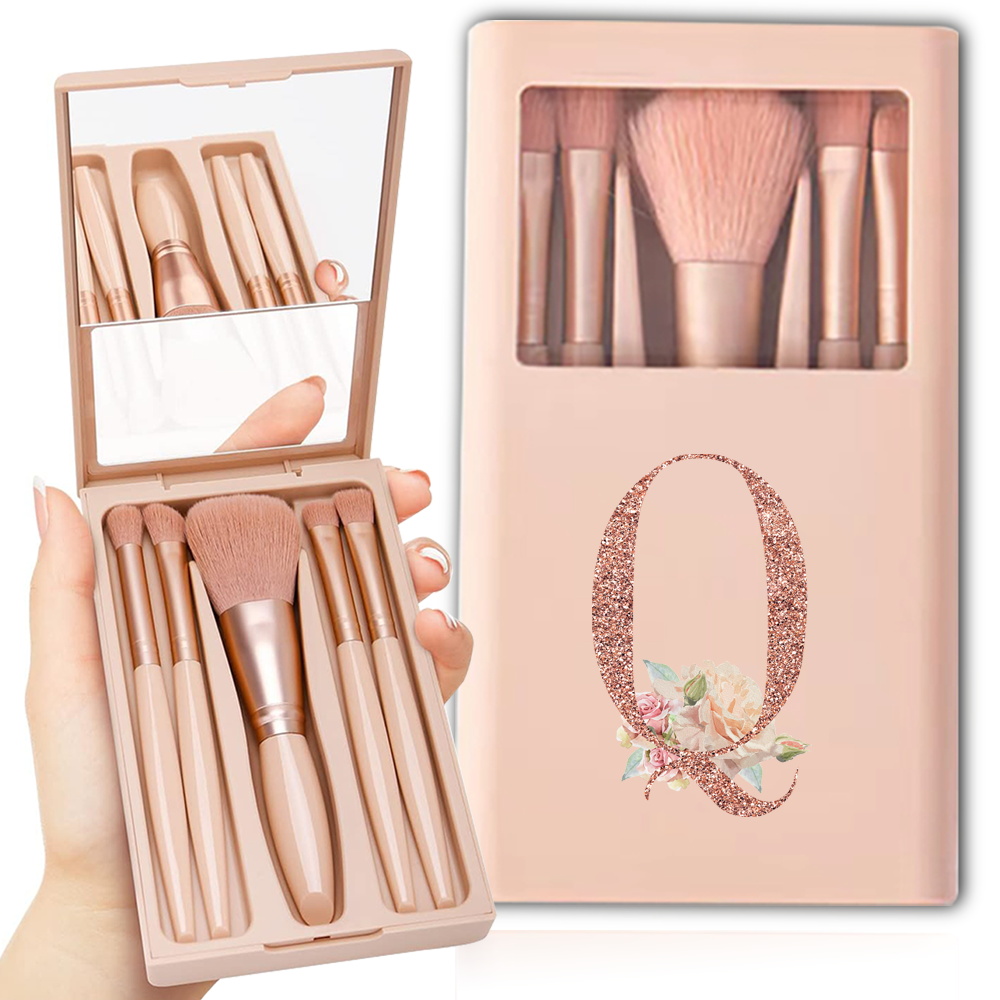 Kit de brochas cosméticas con espejo y estuche, caja plegable, juego de brochas de maquillaje, herramienta de belleza portátil, patrón de letras de oro rosa, 5 uds.