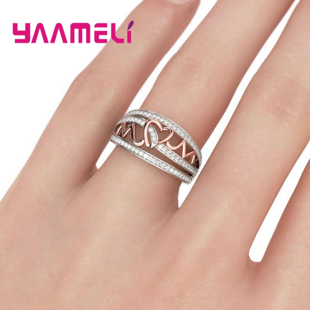 925 Sterling Zilveren Ring Hart Liefde Mom Clear Oostenrijkse Crystal Vrouwen Sieraden Voor Verjaardag Moederdag