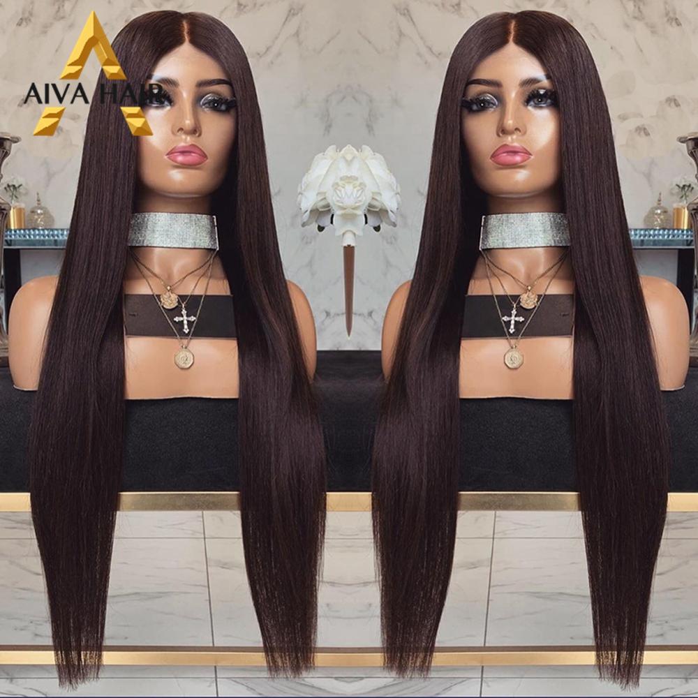 Aiva haar hoge temperatuur vezel synthetische kant voorpruik lijmloze lange middenscheiding cosplay pruik rechte pruiken voor zwarte vrouwen