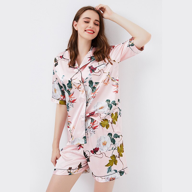 Womens Ice silk Pajamas Orange Homewear shorts short sleeves Pyjamas Suits Flowers Leaves Sleepwear Two-piece Pajamas: 0342 / L