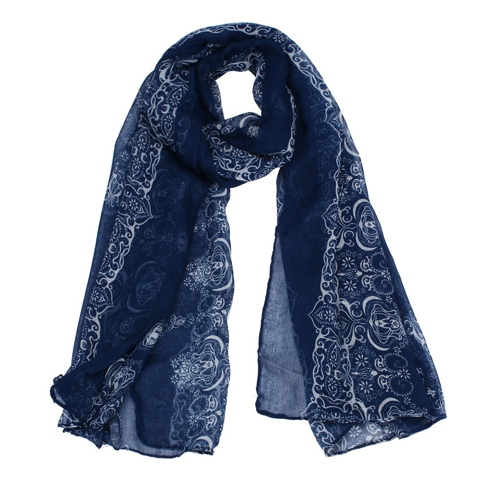 Women Classical Print Scarf Scarves Sun Protection Gauze Kerchief Lightweight ethnic blue and white porcelain Bali yarn scarf