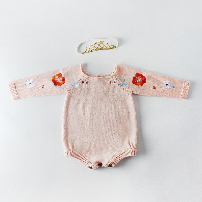 Baby Girls Knitted Romper Newborn Floral Embroidery Clothes Rompers Long Sleeve Baby Bodysuit Infant Overalls Kids Clothing