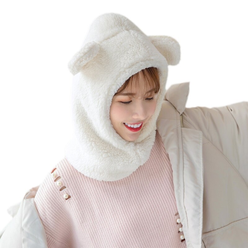 Vrouwen winter pluche warme capuchon muts sjaal schattige cartoon berenoren effen kleur thermische winddichte oorklep muts nekwarmer: Wit