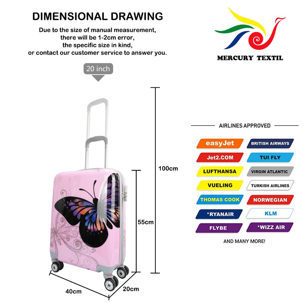 MERCURY TEXTIL-Equipaje de Mano,55cm Ligera con 4 Ruedas,película Protectora Que se Quita,Material Policarbonato (Mariposa Rosa)