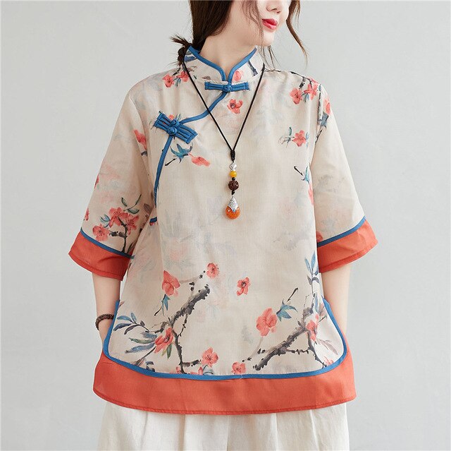 Spring Women Chinese Traditional Style Tops Cotton Linen Loose Blouses Cheongsam Female Vintage Buckle Hanfu Shirts Tang Suits: colour2 / L