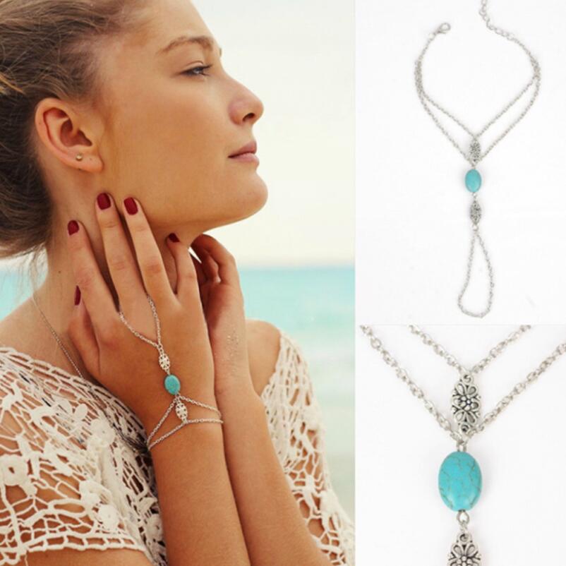 Mode Ketting Armband Punk Verzilverd Vrouwen Metalen Hand Harness Ketting Groene Steen Kralen Slave Vinger Ring Boho Sieraden