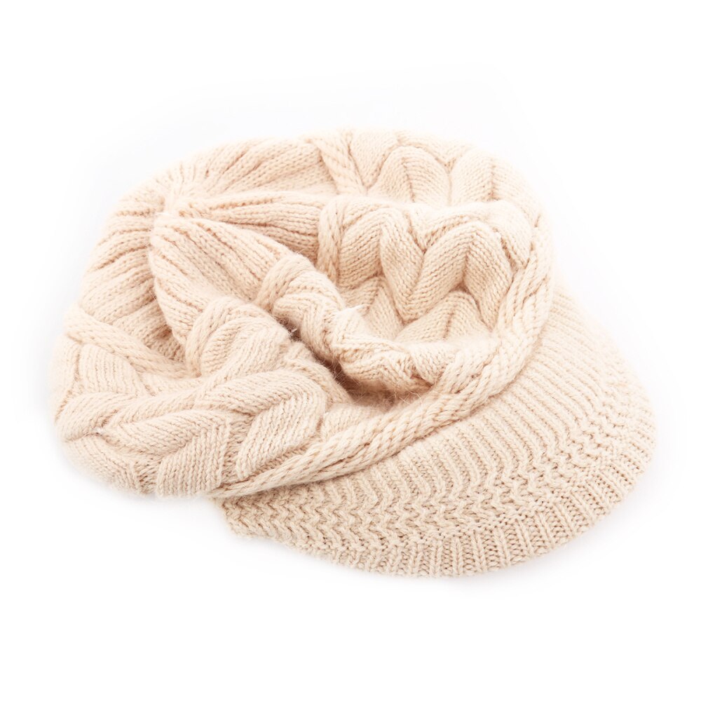 Winter Warm Knit Hat Wool Snow Ski Cap With Visor (Beige): Beige