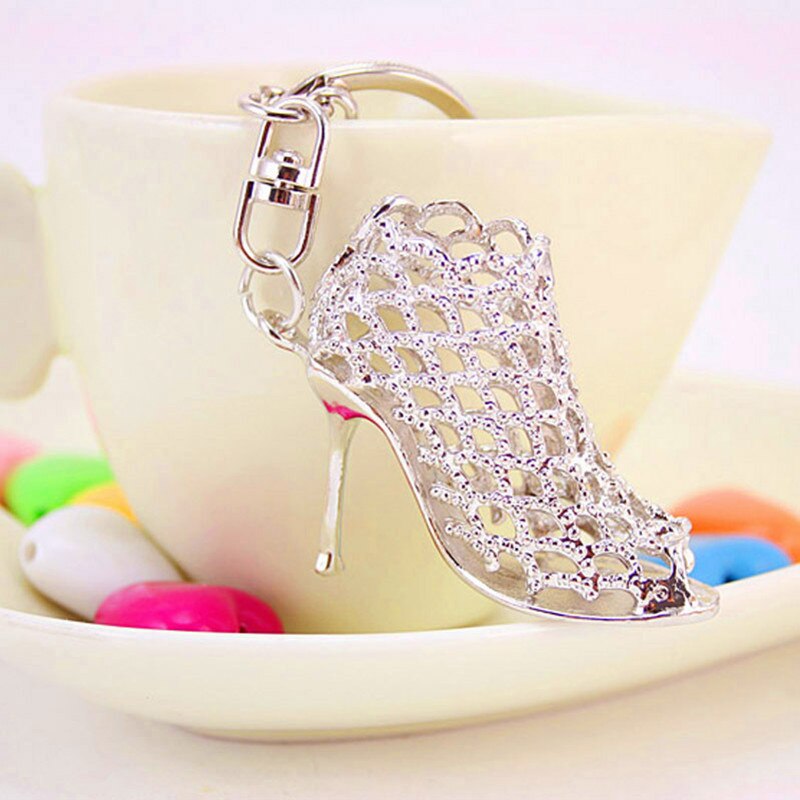 Krystallegering hule høje hæle sko nøglering vedhæng nøgleringe håndtaske tilbehør til kvinder piger: Sølv
