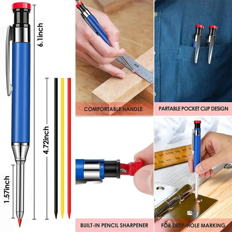 Massives Zimmermannsbleistift-Druckbleistift-Set aus Metall, integrierter Bleistiftspitzer mit Nachfüllminen, Markierungswerkzeuge zum Zeichnen mit tiefen Löchern