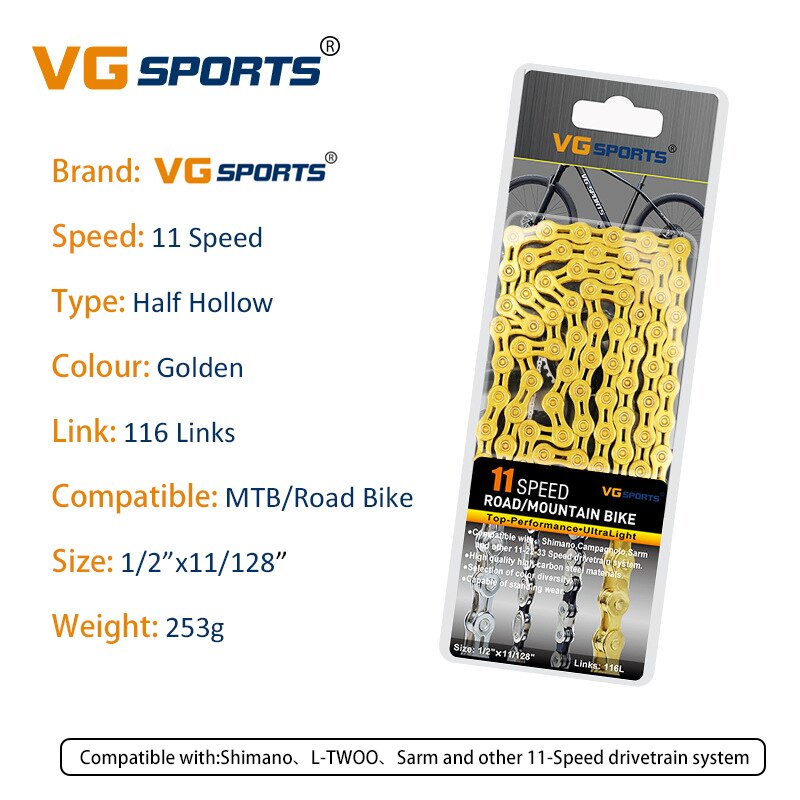 Vg Fietsketting 8 9 10 11 Speed Velocidade Hollow Gold Rainbow 116 Links Weg Mountainbike Kettingen Fiets Accessoires: 11S HH Gold