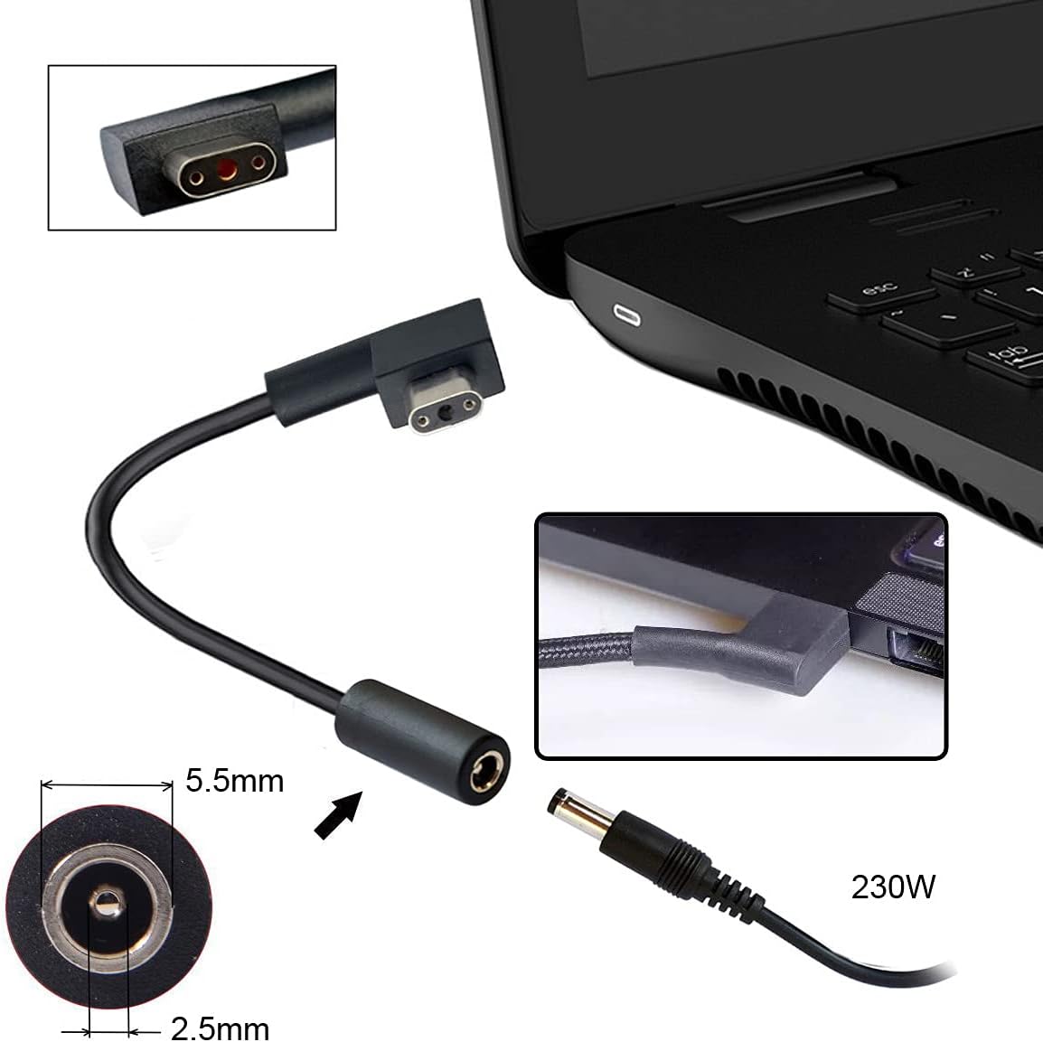 DC Jack Input to 3Pin Power Plug Cable Compatible for Laptop Pro 17 and Razer Blade 15 Model GTX1060Support 230W Charge Adapter