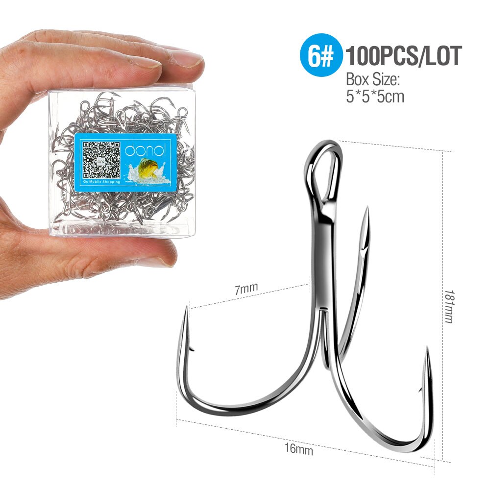DONQL 100pcs/ Box Treble Fishing Hooks Carbon Steel Barbed Fishhooks Set Triple Hooks Sea Fishing Tackle Accessories For Lures: Size 6